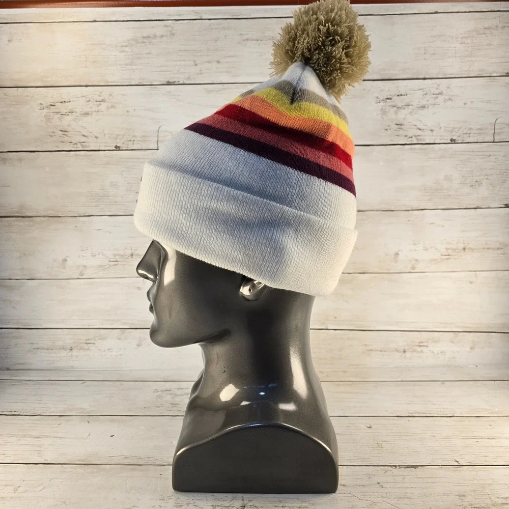 Yo Colorado Beanie Hat White Multi Stripe Pom Pom Cuffed Knit Cap Retro Style